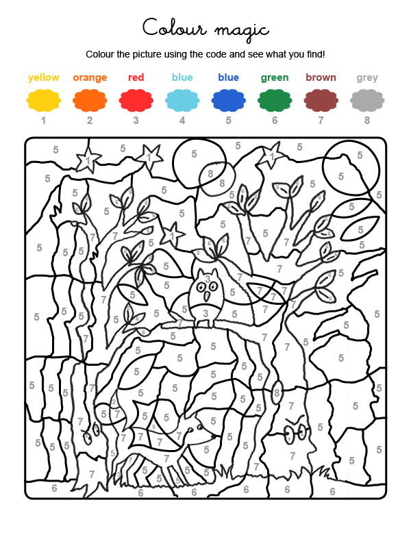 Dibujo mágico para colorear en inglés de fantasma en el bosque