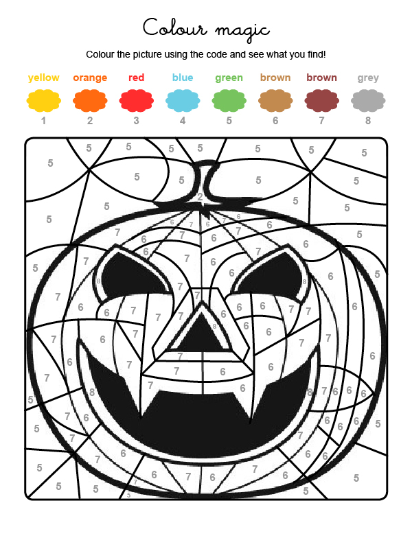 Dibujo mágico para colorear en inglés de una supercalabaza de Halloween