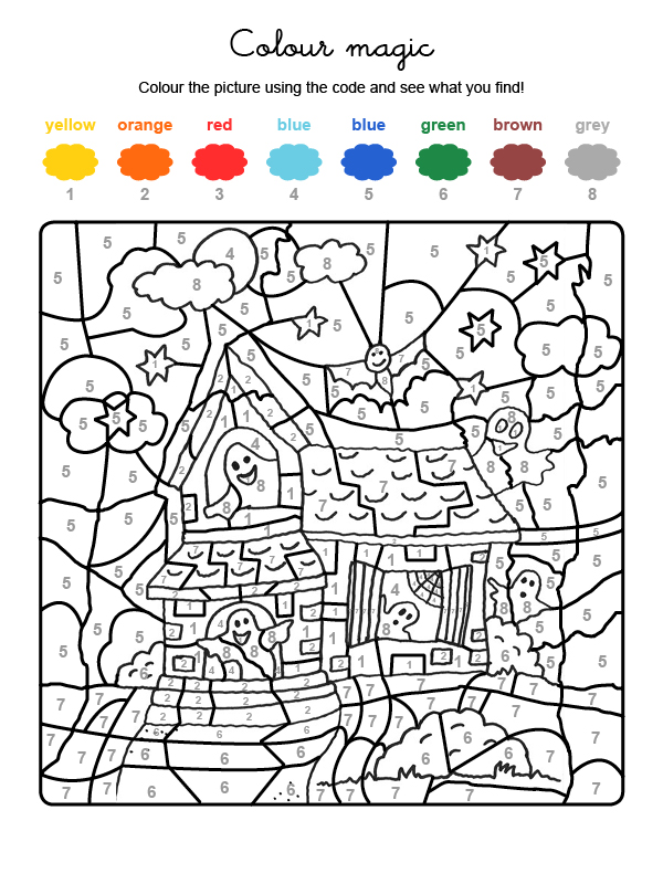 Dibujo para colorear en inglés de la casa de los fantasmas