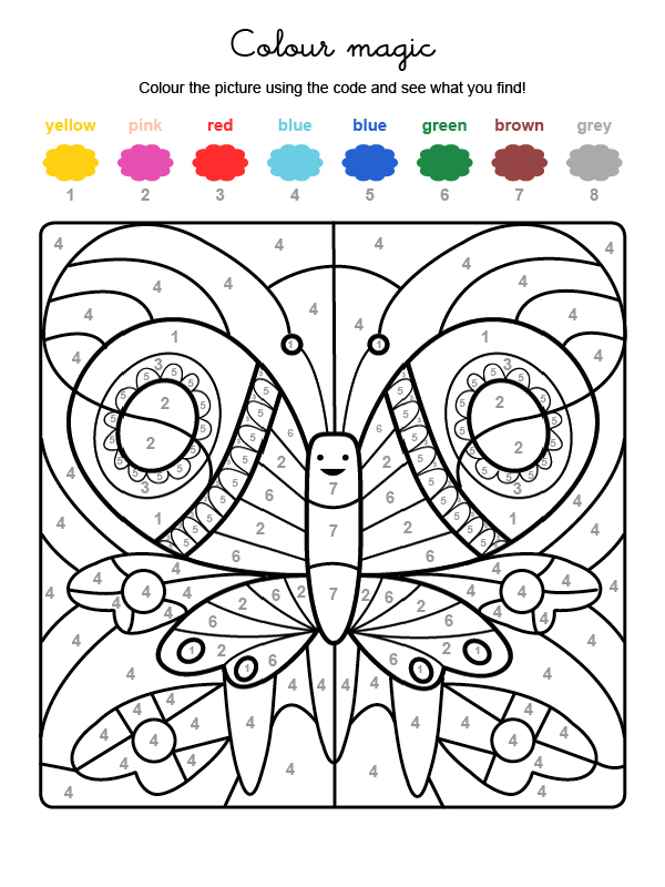 Dibujo mágico para colorear en inglés de una mariposa de colores