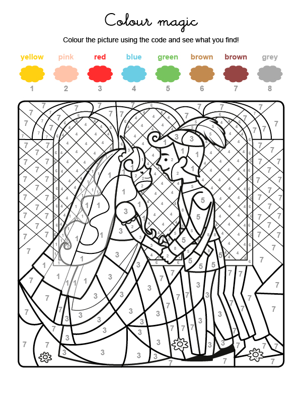 Dibujo mágico para colorear en inglés de boda de príncipes