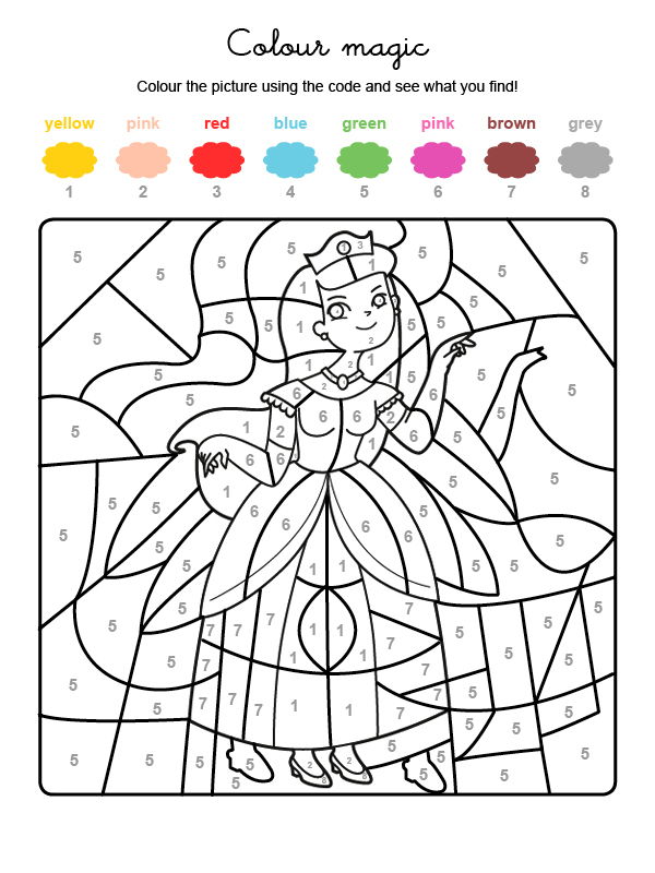 Dibujo mágico para colorear en inglés de una princesa