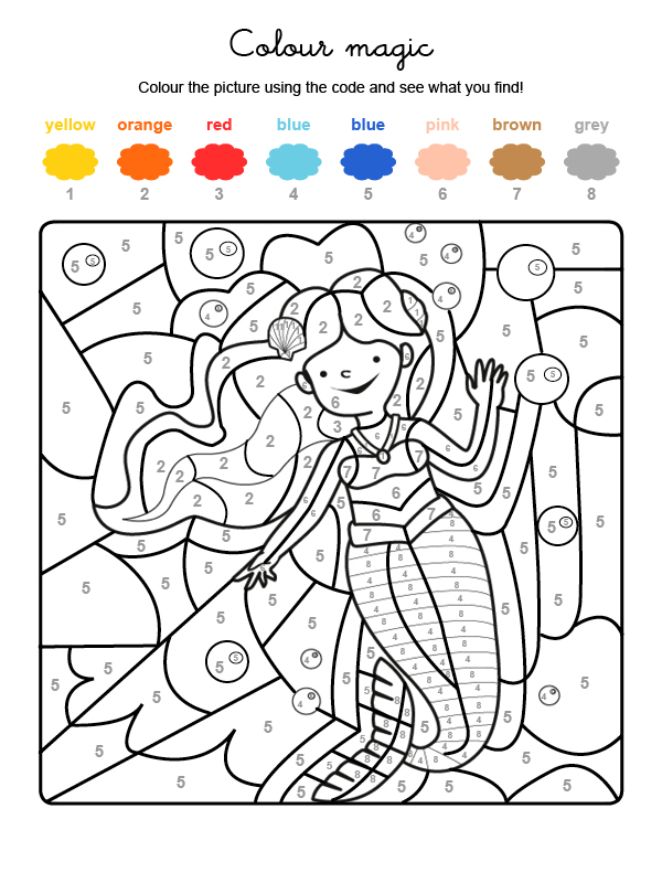 Dibujo mágico para colorear en inglés de una sirena bajo el agua