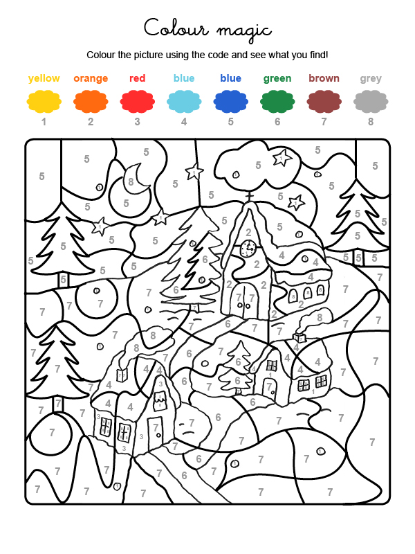 Dibujo mágico para colorear en inglés de casas bajo la nieve