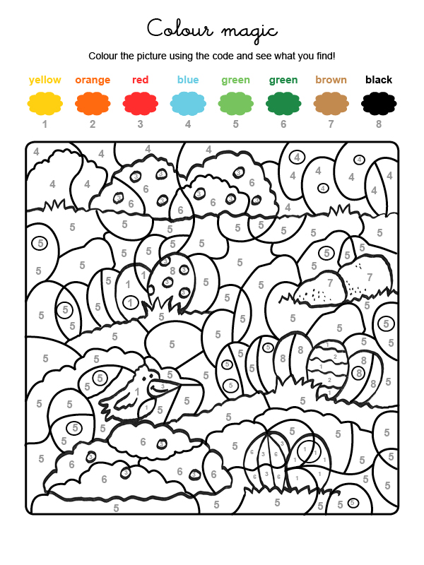 Dibujo mágico para colorear en inglés de caza de huevos