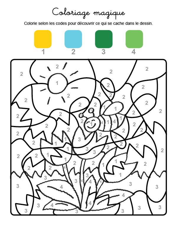 Dibujo mágico para colorear en francés de una abeja y flores