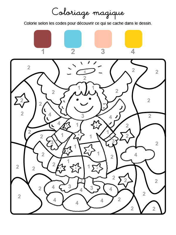 Dibujo mágico para colorear en francés de ángel de Navidad