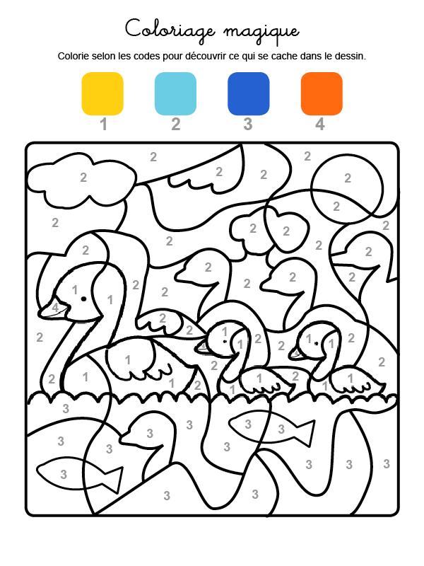 Dibujo mágico para colorear en francés de familia de patos