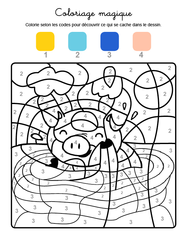 Dibujo mágico para colorear en francés de un cerdito