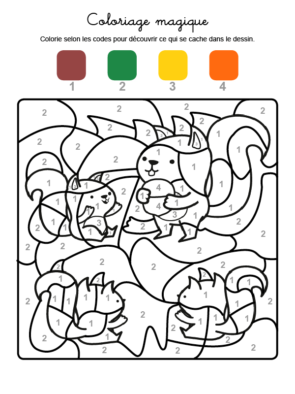 Dibujo mágico para colorear en francés de familia de ardillas