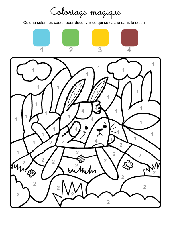 Dibujo mágico para colorear en francés de un conejo en el campo