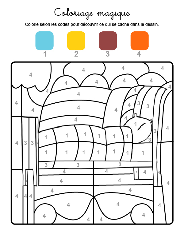 Dibujo mágico para colorear en francés de una cama con colcha y almohada