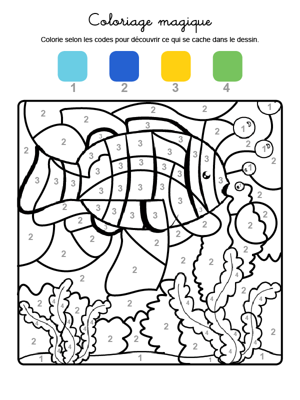 Dibujo mágico para colorear en francés de un pez en el agua