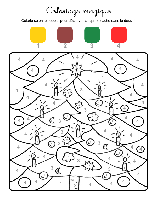 Dibujo mágico para colorear en francés de adornos de árbol de Navidad