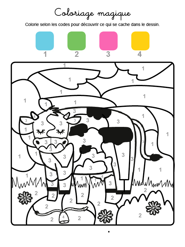 Dibujo mágico para colorear en francés de una vaca lechera en el campo