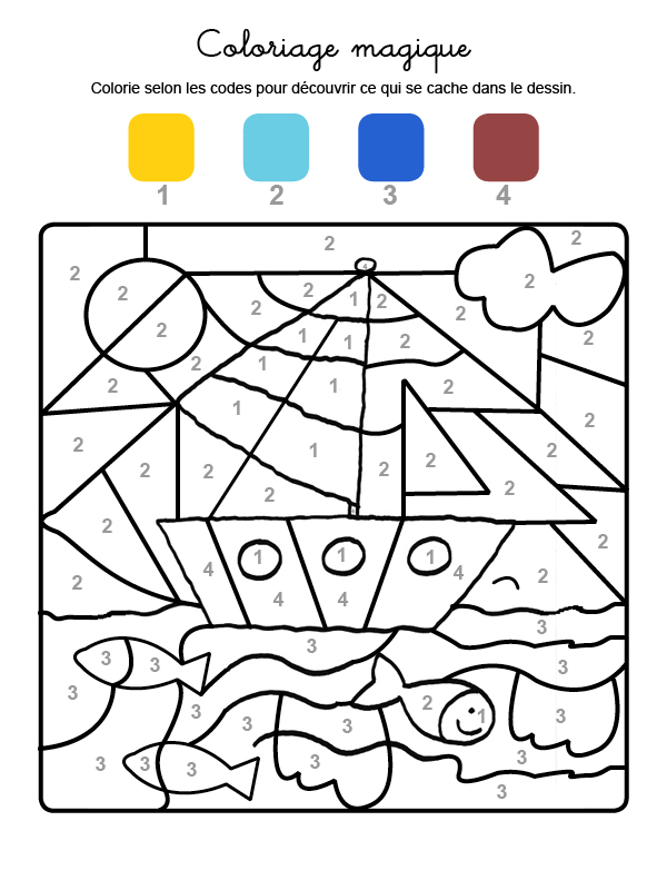 Dibujo mágico para colorear en francés de un velero en el mar