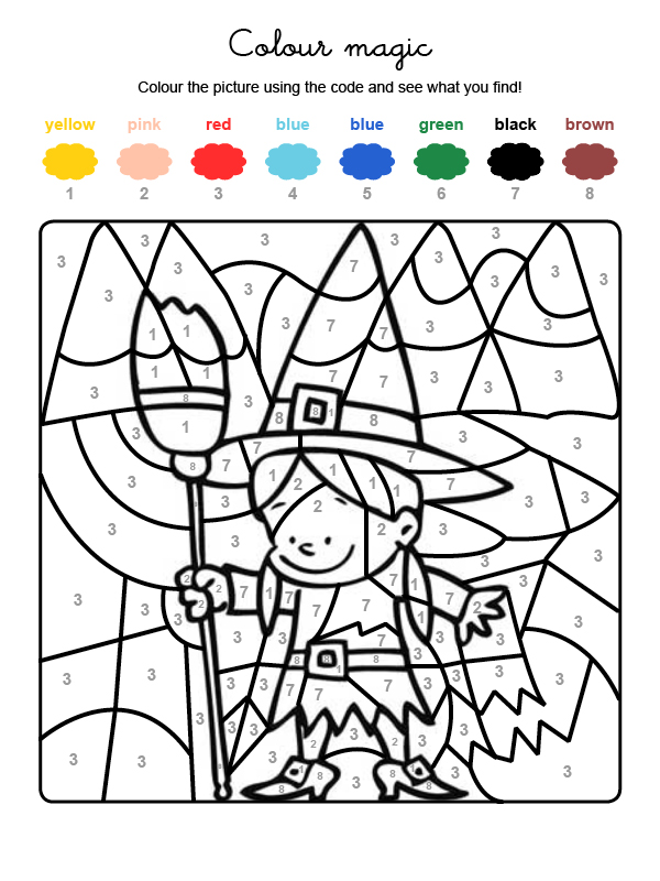 Dibujo mágico para colorear en inglés de una brujita de Halloween