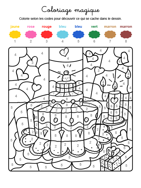 Dibujo mágico para colorear en francés de tarta de cumpleaños