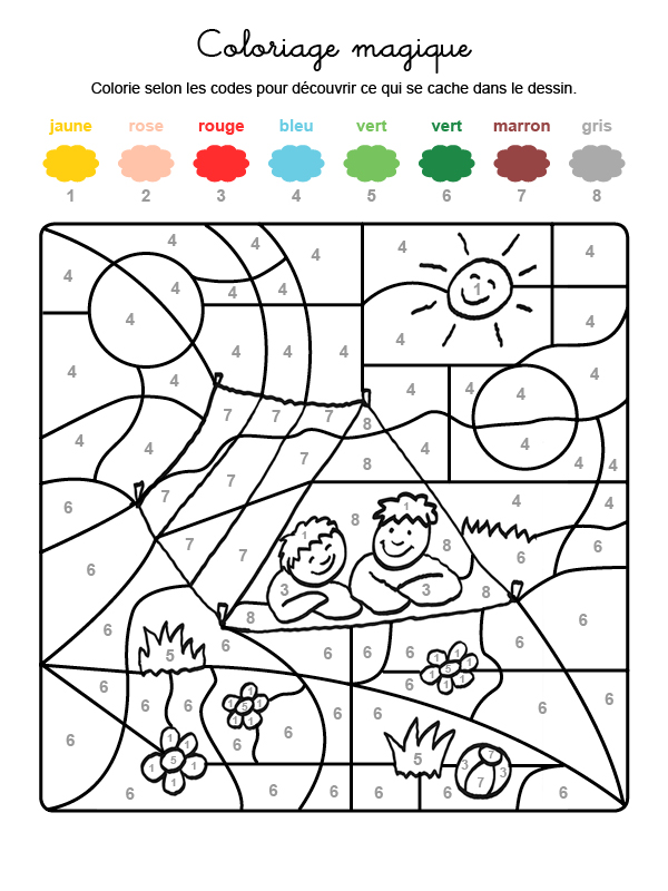 Dibujo mágico para colorear en francés de niños en una tienda de campaña