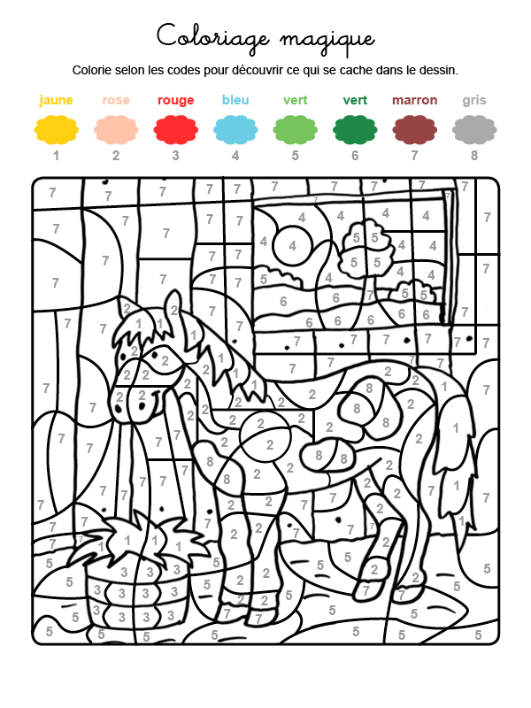 Dibujo mágico para colorear en francés de un caballo