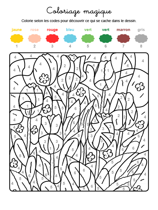 Dibujo mágico para colorear en francés de tulipanes en el campo