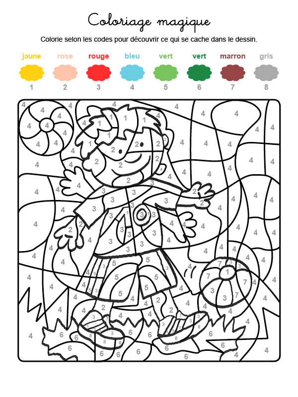 Dibujo mágico para colorear en francés de niño jugando al fútbol