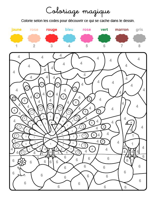 Dibujo mágico para colorear en francés de un pavo real