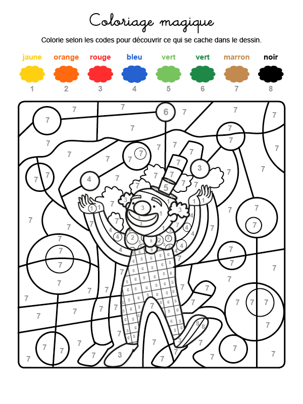 Dibujo mágico para colorear en francés de un payaso en el circo