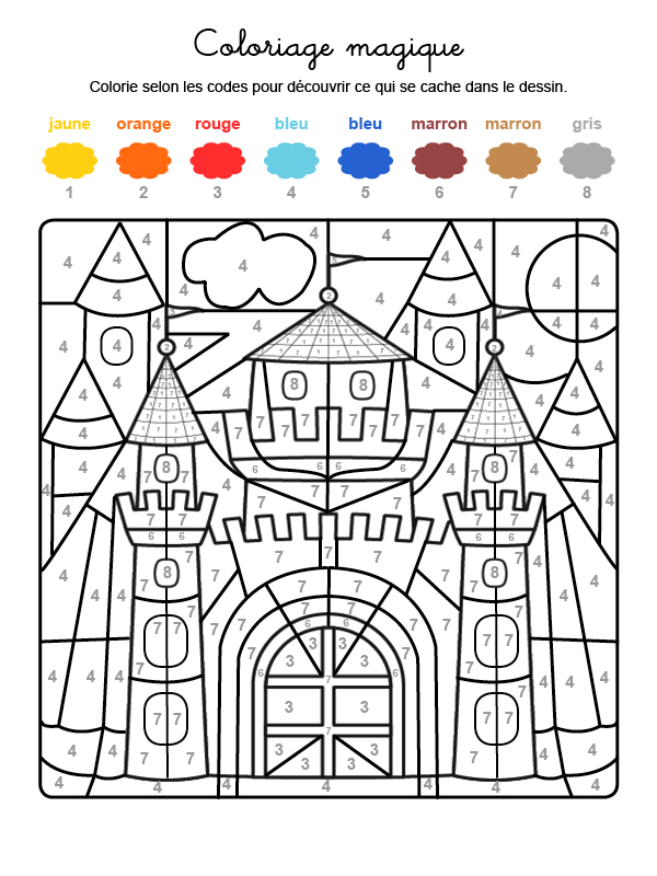 Dibujo mágico para colorear en francés de un castillo medieval