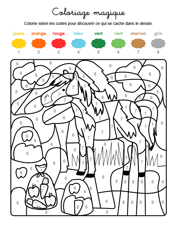 Dibujo mágico para colorear en francés de un caballo en el campo