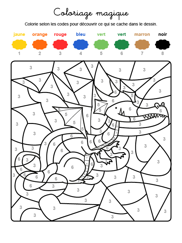 Dibujo mágico para colorear en francés de un dragón