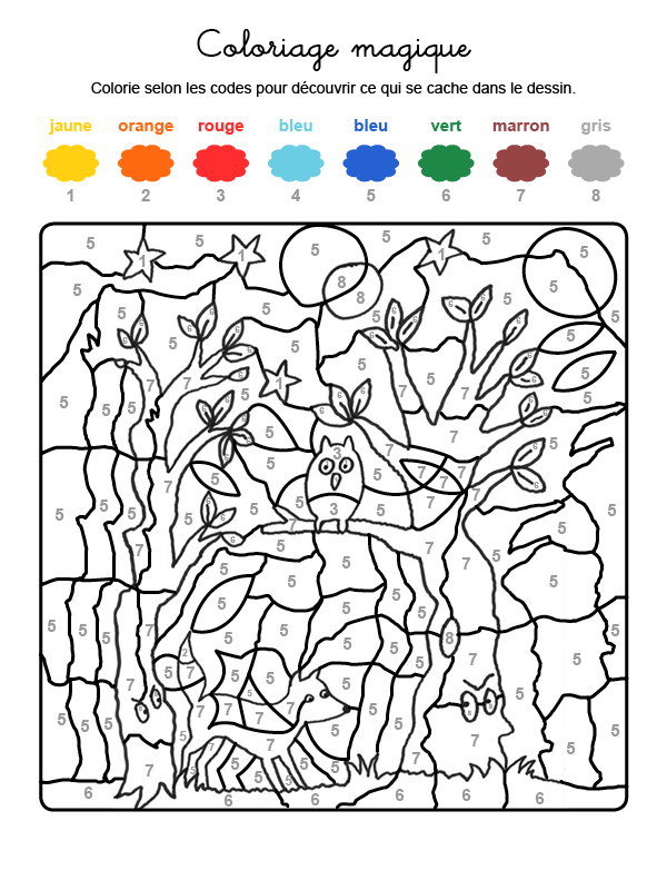 Dibujo mágico para colorear en francés de fantasma en el bosque