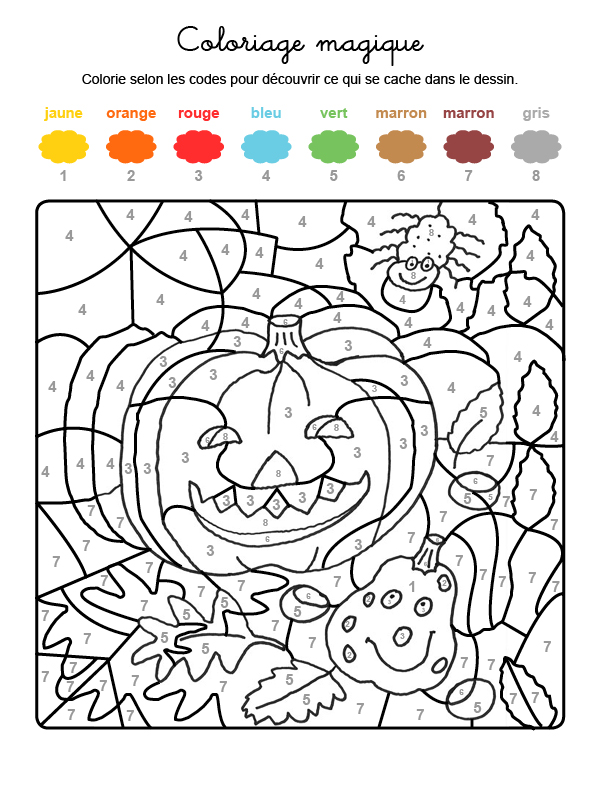 Dibujo mágico para colorear en francés de calabazas y araña