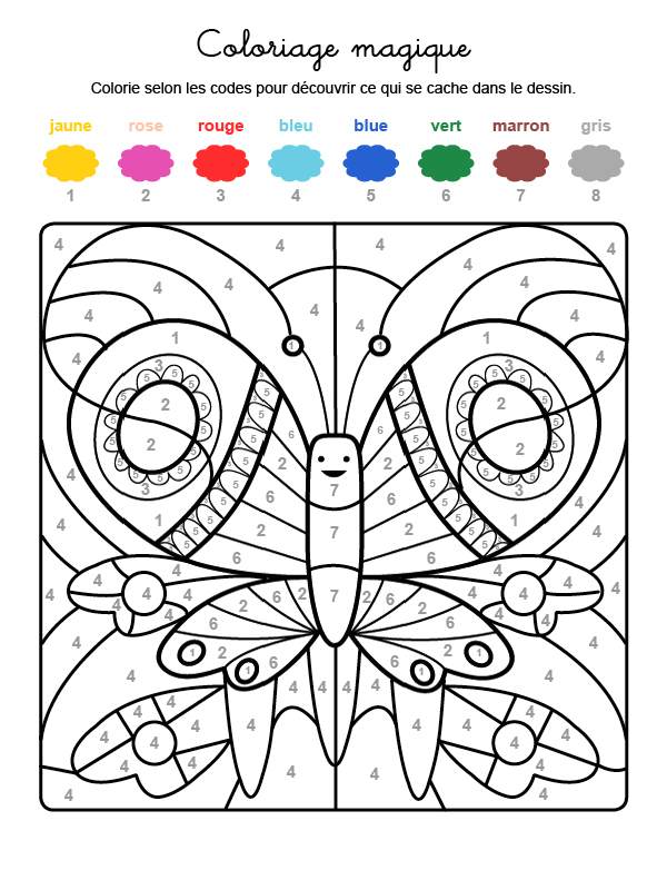 Coloriage magique en français: una mariposa de colores