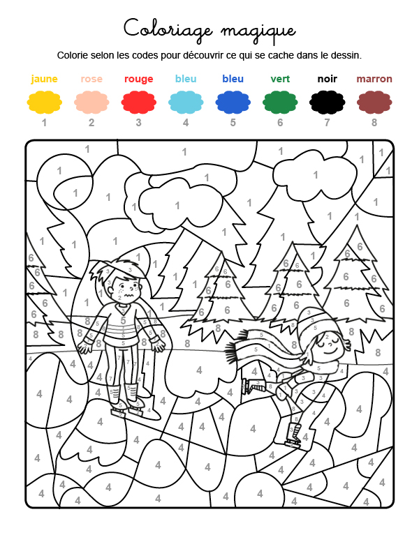 Dibujo mágico para colorear en francés de una pisa de hielo en la montaña