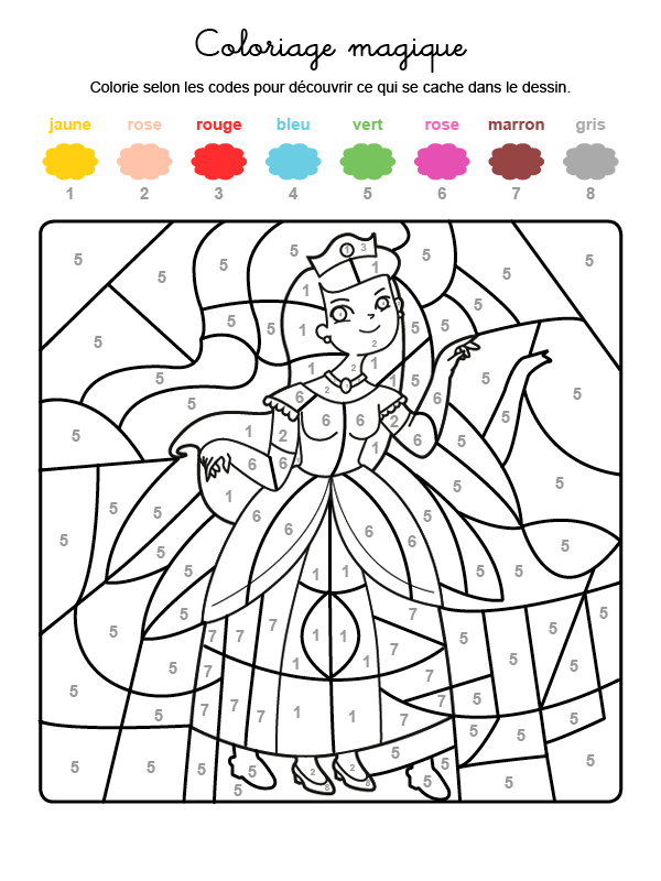 Dibujo mágico para colorear en francés de una princesa