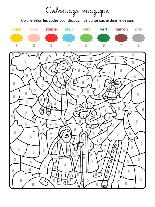 Dibujo mágico para colorear en francés de un ángel y una estrella de Navidad