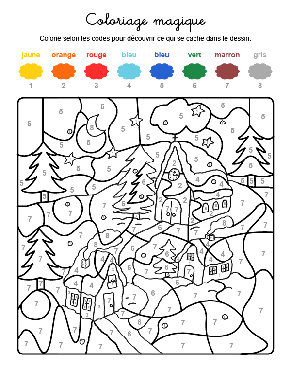 Dibujo mágico para colorear en francés de casas bajo la nieve