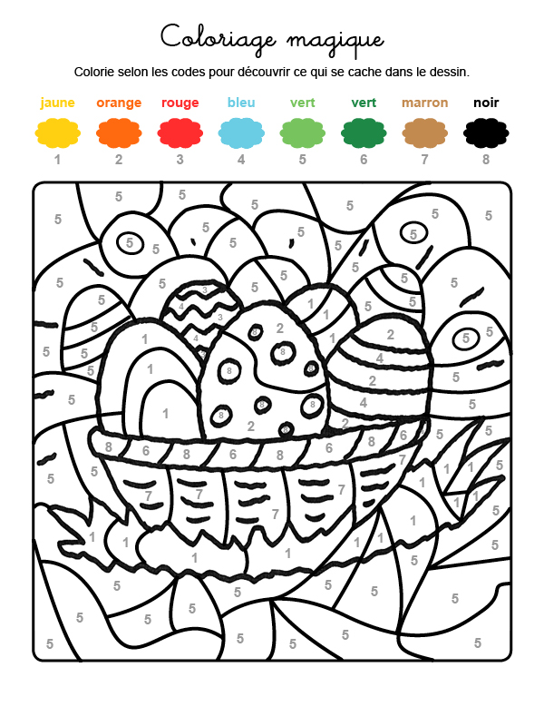 Dibujo mágico para colorear en francés de cesta de huevos de Pascua