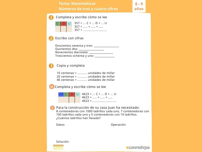 Números de 3 y 4 cifras. Ficha de matemáticas para 3º de Primaria