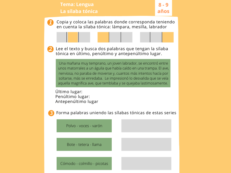 La sílaba tónica. Ficha de Lengua para niños de 3º de Primaria
