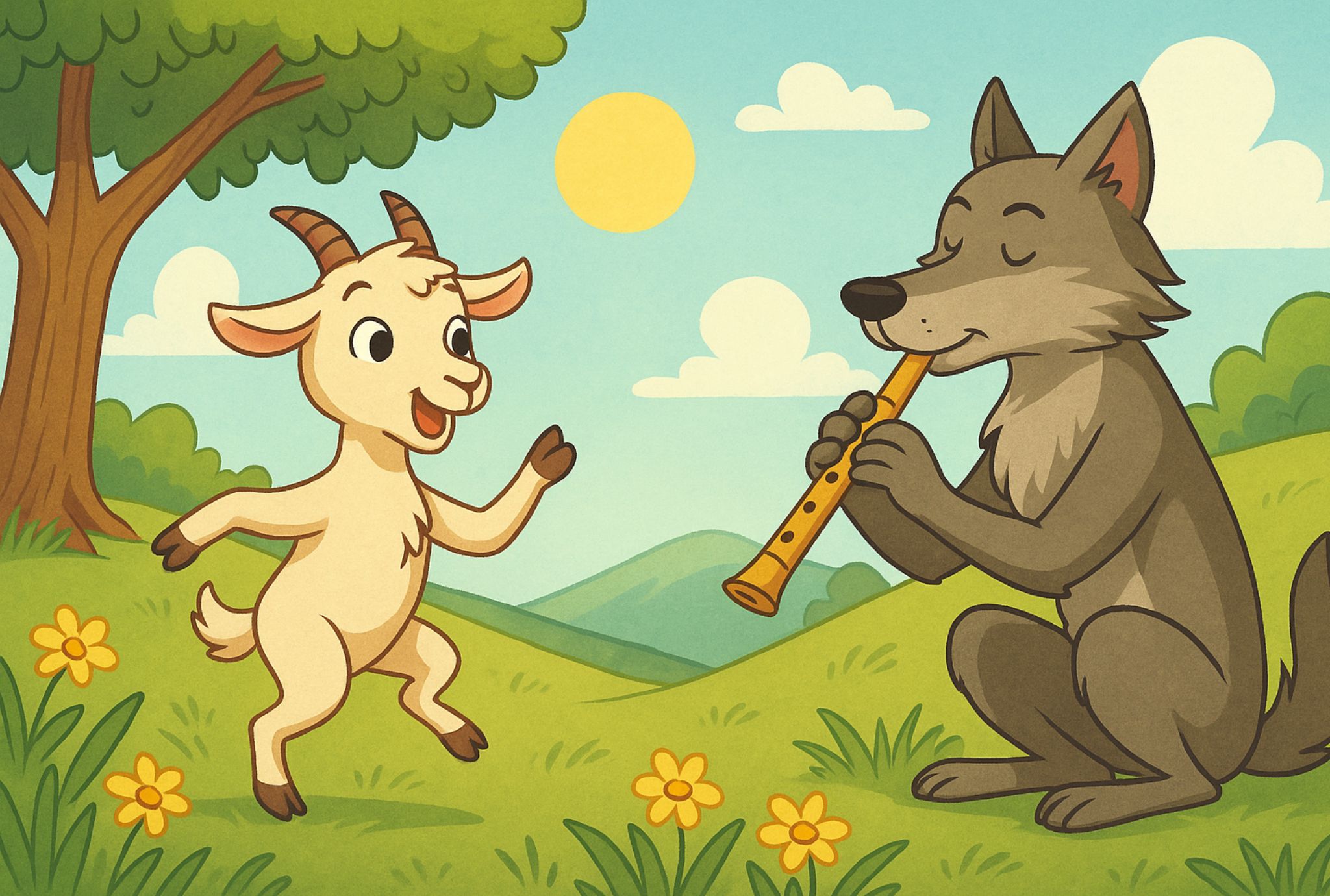 Fábula de Esopo para niños: El cabrito y el lobo flautista