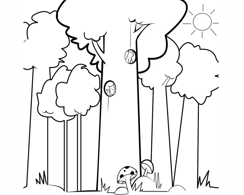 Imagen infantil de ardillas en el bosque para colorear