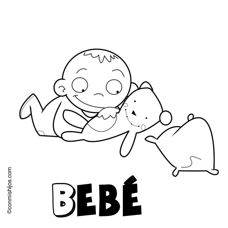 Bebé jugando con su osito de peluche. Dibujo para niños