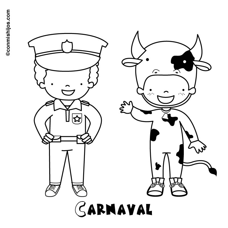 Dibujo de Carnaval de vaca y policía para pintar con niños