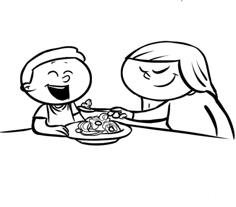 Niño y madre comiendo: Dibujos para colorear