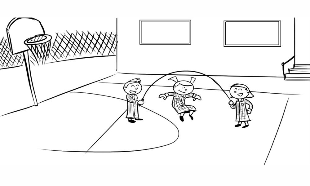 Dibujo para colorear de niños jugando en el patio del colegio