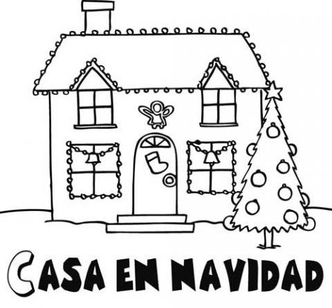 Dibujos de una casa adornada en Navidad para colorear