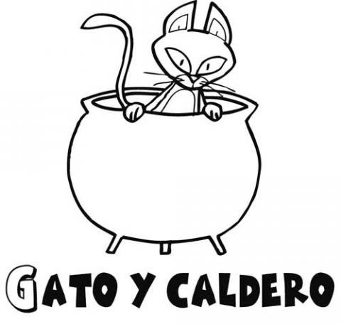 Dibujo de Halloween. Gato y caldero para colorear