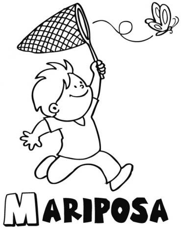 Dibujo de un niño cazando una mariposa para colorear